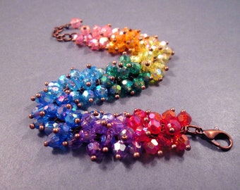 Rainbow Cha Cha Bracelet, Fire Polished Acrylic Faceted Round Beaded Bracelet, Copper Chain Bracelet, FREE Shipping