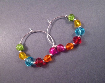 Rainbow Beaded Earrings, Bright Glass Beads, Silver Hoop Earrings, FREE Shipping