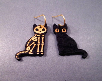 Skeleton Cat Earrings, Wooden Black Cat Pendants, Gold Dangle Earrings, FREE Shipping