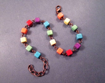 Rainbow Bracelet, Gemstone Cubes, Colorful and Copper Beaded Bracelet, FREE Shipping