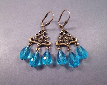 Chandelier Earrings, Capri Blue Glass Teardrops, Brass Dangle Earrings, FREE Shipping