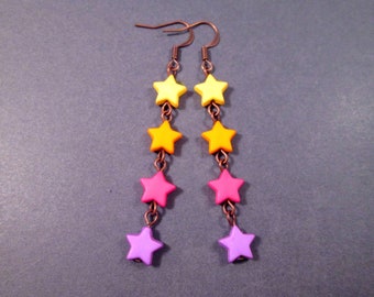 Rainbow Star Earrings, Opaque Acrylic Beaded Earrings, Copper Dangle Earrings, FREE Shipping