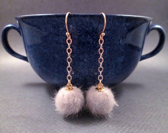 Faux Fur Earrings, Gray Acrylic Pom Pom Earrings, Rose Gold Dangle Earrings, FREE Shipping