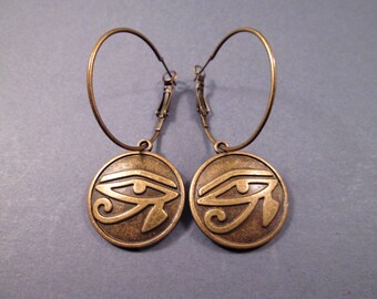 Eye of Horus Earrings, Brass Dangle Earrings, Lever Back Hoop Earrings, FREE Shipping