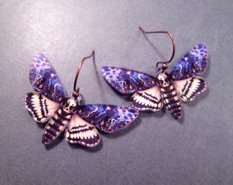 Deaths Head Moth Earrings, Purple Acrylic Pendants, Copper Dangle Hoop Earrings, FREE Shipping