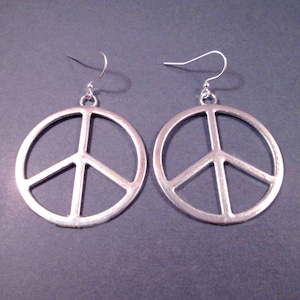 Larger Size PEACE Sign Earrings, Silver Dangle Earrings, FREE Shipping image 1