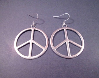 Larger Size PEACE Sign Earrings, Silver Dangle Earrings, FREE Shipping