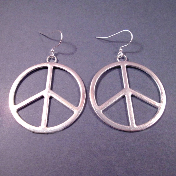 Larger Size PEACE Sign Earrings, Silver Dangle Earrings, FREE Shipping