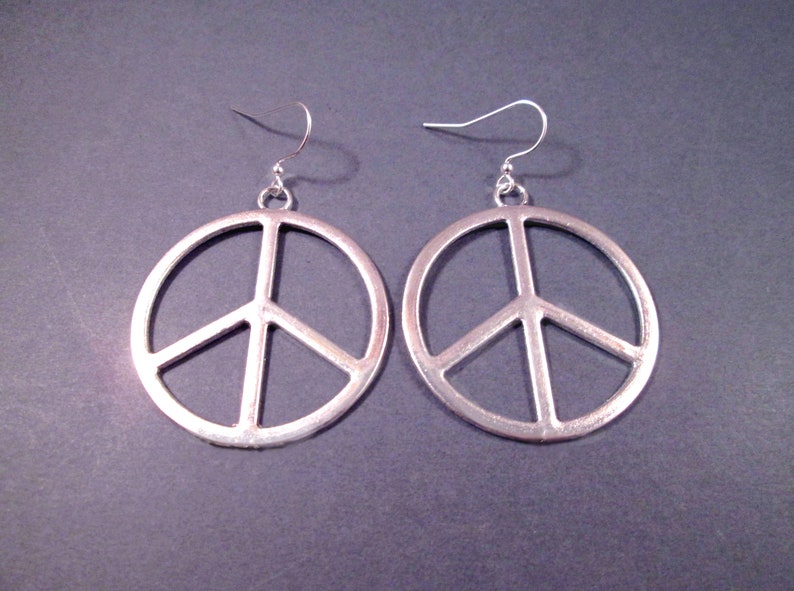 Larger Size PEACE Sign Earrings, Silver Dangle Earrings, FREE Shipping image 1