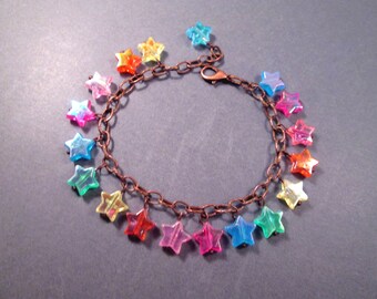 Star Charm Bracelet, Rainbow Acrylic Beaded Bracelet, Copper Chain Bracelet, FREE Shipping