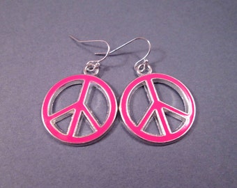 PEACE Sign Earrings, Hot Pink Enamel, Silver Dangle Earrings, FREE Shipping