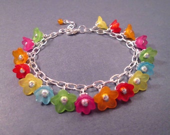 Flower Charm Bracelet, Tulips and Morning Glories, Colorful and Silver Charm Bracelet, FREE Shipping