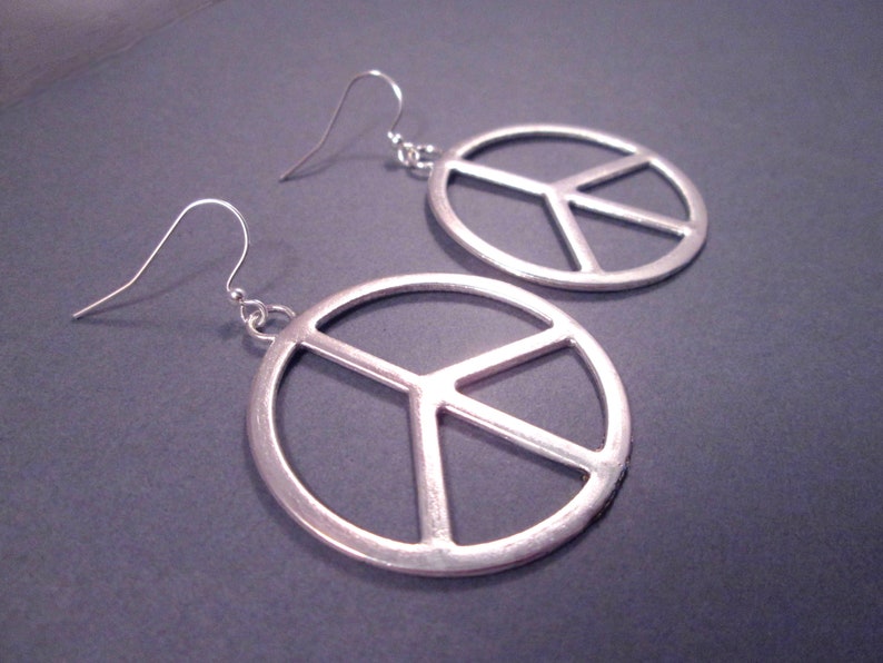 Larger Size PEACE Sign Earrings, Silver Dangle Earrings, FREE Shipping image 2