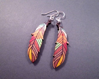 Wooden Feather Earrings, Colorful Pendants, Silver Dangle Earrings, FREE Shipping