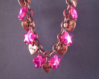 Heart and Star Bracelet, Berry Red Glass Stars and Copper Heart Charms, Beaded Bracelet, FREE Shipping