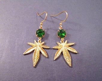 Cannabis Leaf Earrings, Green Glass Rhinestones, Gold Dangle Earrings, FREE Shipping