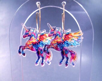 Rainbow Unicorn Earrings, Colorful Acrylic Pendants, Gold Dangle Hoop Earrings, FREE Shipping