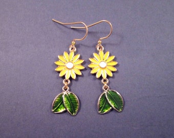 Daisy Earrings, Enamel Lacquer Earrings, Yellow Flower and Green Leaf Earrings, Gold Dangle Earrings, FREE Shipping