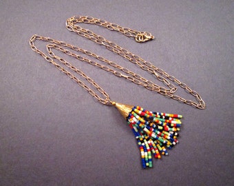 Tassel Necklace, Rainbow Glass Beaded Pendant Necklace, Gold Chain Necklace, FREE Shipping