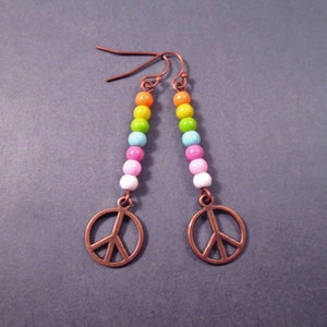 Pendientes de arcoíris y símbolo de la paz, pendientes de cuentas de vidrio de colores, pendientes colgantes de cobre, envío GRATIS