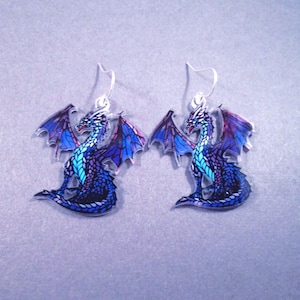 Dragon Earrings, Purple and Blue Acrylic Pendants, Silver Dangle Earrings, FREE Shipping
