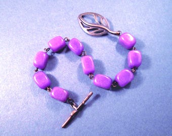 Gemstone Bracelet, Violet Purple Jade Nuggets and Copper Leaf Toggle Clasp, Stone Beaded Bracelet, FREE Shipping