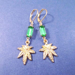 Cannabis Leaf Earrings, Green Glass Rhinestones, Gold Dangle Earrings, FREE Shipping
