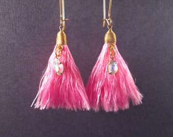 Tassel Earrings, Pink Rayon and White Glass Rhinestones, Raw Brass Dangle Earrings, FREE Shipping