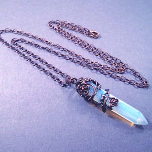 Opalite Crystal Point Necklace, Copper Flower and Leaf Vine Pendant, Adjustable Chain Necklace, FREE Shipping