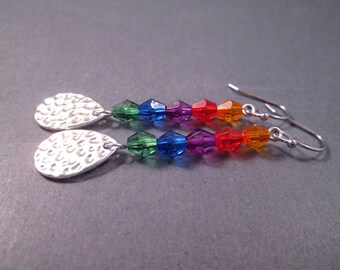 Silver Earrings, Rainbow Stacks and Hammered Teardrops, Long Dangle Earrings, FREE Shipping