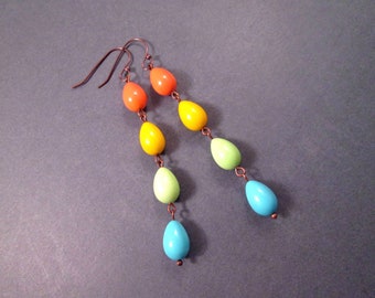 Rainbow Teardrop Earrings, Colorful Glass Beaded Earrings, Copper Dangle Earrings, FREE Shipping