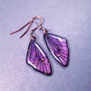 Butterfly Wing Earrings, Violet purple and Glitter Resin Wings, Copper Dangle Earrings, FREE Shipping