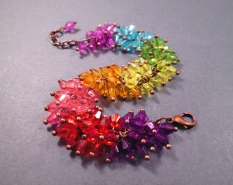 Rainbow Cha Cha Bracelet, Acrylic Bicone Beaded Bracelet, Copper Chain Bracelet, FREE Shipping