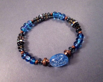 Gemstone Bracelet, Blue Quartz and Glass Rhinestone Beaded, Copper Stretch Bracelet, FREE Shipping