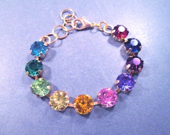 Rhinestone Bracelet, Rainbow Glass Stones, Gold Chain Link Bracelet, FREE Shipping