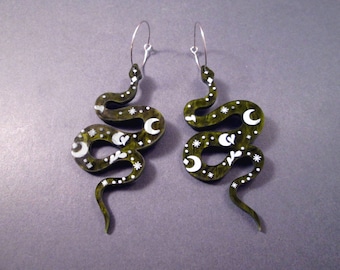 SNAKE Earrings, Gray Green Acrylic Pendants, Silver Dangle Hoop Earrings, FREE Shipping