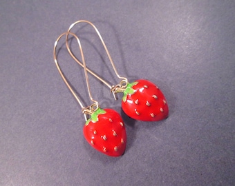 Strawberry Earrings, Enamel Lacquer Berries, Gold Dangle Earrings, FREE Shipping