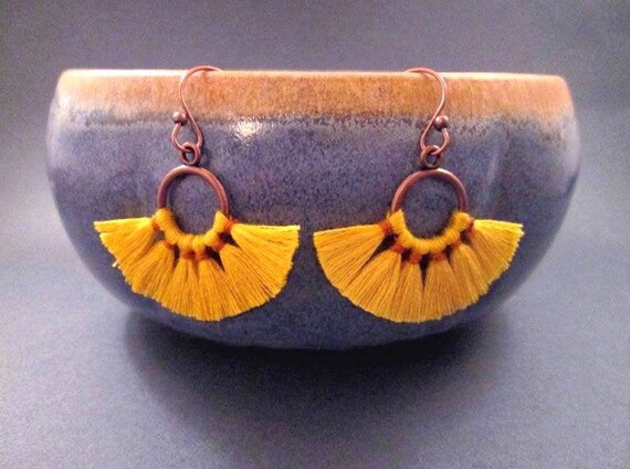Medium Fan Earrings Goldenrod Yellow Cotton Tassels Copper