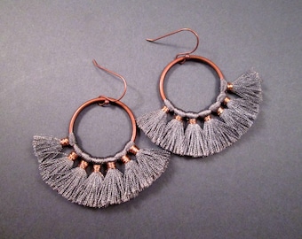 Large Fan Earrings, Silvery Gray Rayon Tassels, Copper Dangle Earrings, FREE Shipping