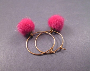 Smaller Size Pom Pom Earrings, Pink Faux Fur Earrings, Raw Brass and Gold Hoop Earrings, FREE Shipping