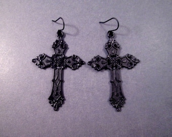 Larger Size Cross Earrings, Unisex Gunmetal Black Crosses, Silver Dangle Earrings, FREE Shipping