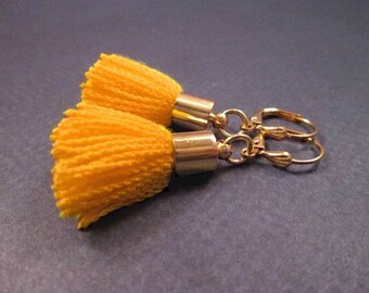 Orange Tassel Earrings, Cotton Tassels, Gold Dangle Earrings, FREE Shipping