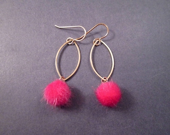 Smaller Size Pom Pom Earrings, Pink Faux Fur Earrings, Raw Brass and Gold Dangle Earrings, FREE Shipping