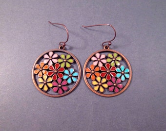 Mod Earrings, Flower Power, Rainbow Enamel and Copper Dangle Earrings, FREE Shipping