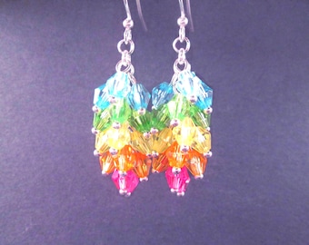 Rainbow Cluster Earrings, Acrylic Bicone Beaded, Silver Dangle Earrings, FREE Shipping
