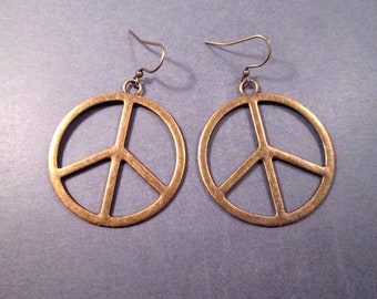 Larger Size PEACE Sign Earrings, Brass Dangle Earrings, FREE Shipping