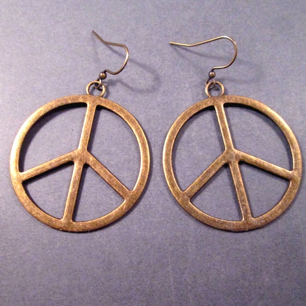 Larger Size PEACE Sign Earrings, Brass Dangle Earrings, FREE Shipping