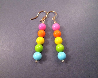 Rainbow Earrings, Candy Stacks, Colorful Glass Beaded Earrings, Gold Dangle Earrings, FREE Shipping