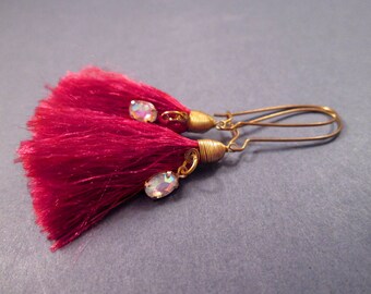 Tassel Earrings, Raspberry Red Rayon and White Glass Rhinestones, Raw Brass Dangle Earrings, FREE Shipping