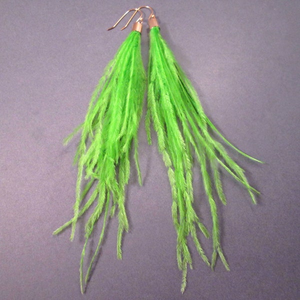 Ostrich Feather Earrings, Bright Green Feathers, Gold Dangle Earrings, FREE Shipping